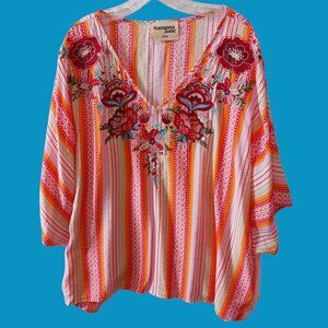 Savanna Jane Womens Floral Embroidered Striped Poncho Top 1X/2X